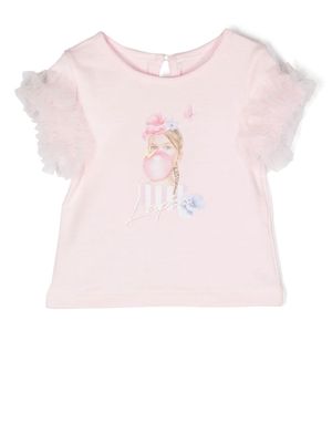 Lapin House tulle--trim short-sleeve T-shirt - Pink