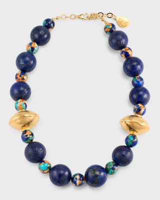 Lapis Single Strand Gold Accent Necklace