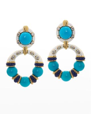 Lapis, Turquoise and Diamond White Enamel Earrings