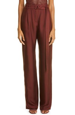 LAPOINTE Belted Wide Leg Silk Twill Trousers in Mahogany