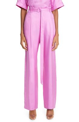 LAPOINTE Belted Wide Leg Silk Twill Trousers in Orchid