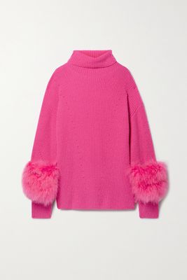 LAPOINTE - Feather-embellished Ribbed Cashmere And Silk-blend Turtleneck Sweater - Pink