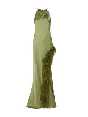 LAPOINTE feather-trim halterneck satin gown - Green