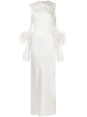 LAPOINTE feather-trimmed cut-out detail satin midi dress - White