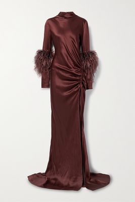 LAPOINTE - Feather-trimmed Gathered Satin Maxi Dress - Brown