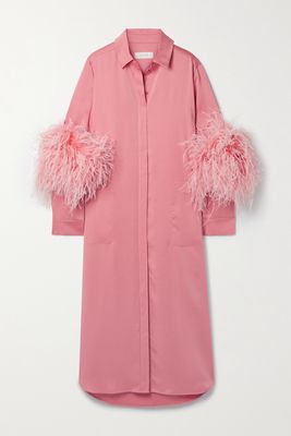 LAPOINTE - Feather-trimmed Satin Midi Shirt Dress - Pink