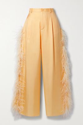 LAPOINTE - Feather-trimmed Silk-twill Straight-leg Pants - Orange