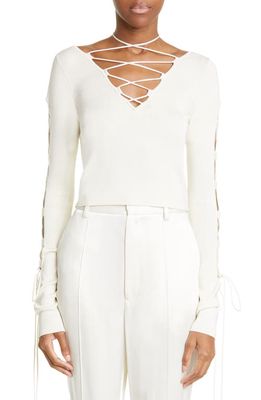 LAPOINTE Lace-Up Rib Crop Sweater in Cream