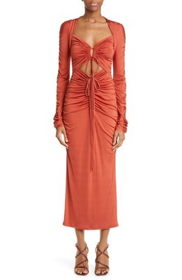 LAPOINTE Long Sleeve Cutout Ruched Jersey Body-Con Dress in Cinnamon