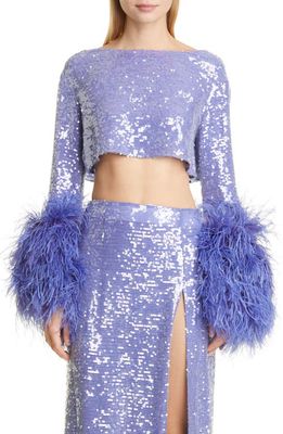 LAPOINTE Ostrich Feather Cuff Sequin Crop Top in Lilac