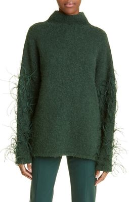 LAPOINTE Ostrich Feather Embellished Alpaca Blend Funnel Neck Sweater in Forest