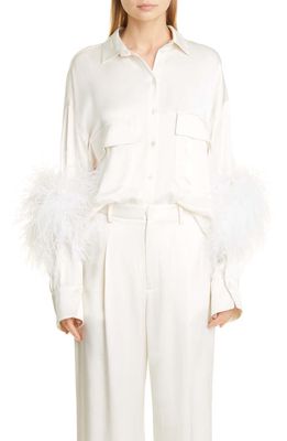 LAPOINTE Ostrich Feather Trim Double Face Satin Button-Up Blouse in Cream