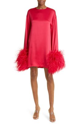 LAPOINTE Ostrich Feather Trim Long Sleeve Crepe Shift Dress in Cerise