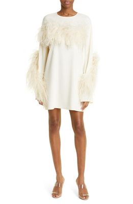 LAPOINTE Ostrich Feather Trim Long Sleeve Crepe Shift Dress in Cream