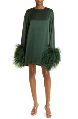 LAPOINTE Ostrich Feather Trim Long Sleeve Crepe Shift Dress in Forest