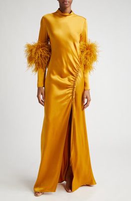 LAPOINTE Ostrich Feather Trim Long Sleeve Double Face Maxi Dress in Mustard