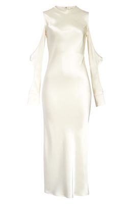 LAPOINTE Ostrich Feather Trim Long Sleeve Double Face Satin Dress in Cream