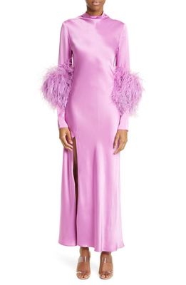 LAPOINTE Ostrich Feather Trim Long Sleeve Double Face Satin Maxi Dress in Orchid