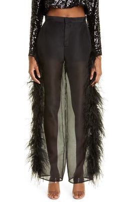 LAPOINTE Ostrich Feather Trim Silk Organza Trousers in Black