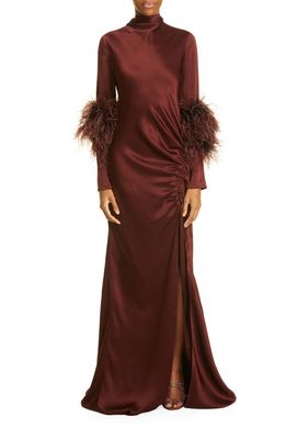 LAPOINTE Ostrish Feather Trim Long Sleeve Double Face Satin Dress in Mahogany
