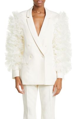 LAPOINTE Ruffle Sleeve Double Breasted Matte Crepe Blazer in Cream