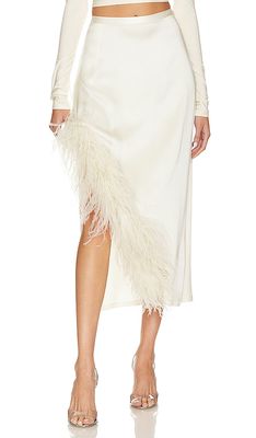 Lapointe Satin Asymmetric Midi Skirt With Ostrich in Cream