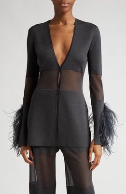LAPOINTE Sheer Inset Ostrich Feather Detail Cardigan in Black