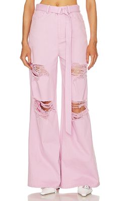 Lapointe Stretch Cotton Twill Distressed High Waist Jean in Pink
