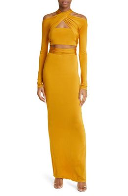 LAPOINTE Wrap Bodice Long Sleeve Jersey Maxi Dress in Mustard
