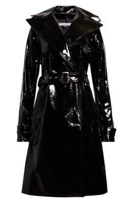 LaQuan Smith Crinkle Patent Leather Trench Coat in Black