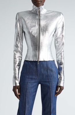 LaQuan Smith Croc Embossed Metallic Leather Jacket in Silver