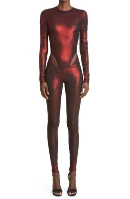 LaQuan Smith Cutout Long Sleeve Mesh Jumpsuit in Oxblood