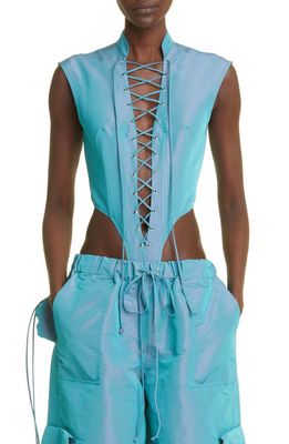 LaQuan Smith Iridescent Utility Lace-Up Bodysuit