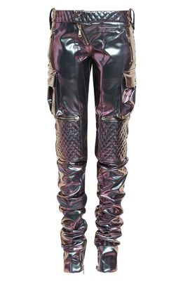 LaQuan Smith Iridescent Violet Quilted Detail Moto Faux Leather Pants