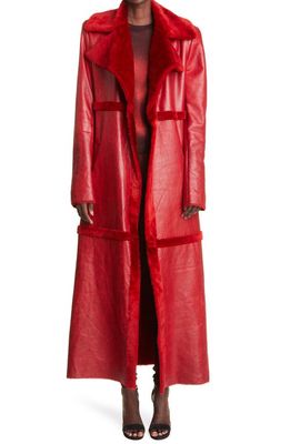 LaQuan Smith Leather & Genuine Shearling Overcoat in Cherry
