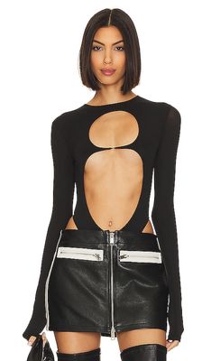 LaQuan Smith Long Sleeve Bodysuit with Chest Cutout in Black