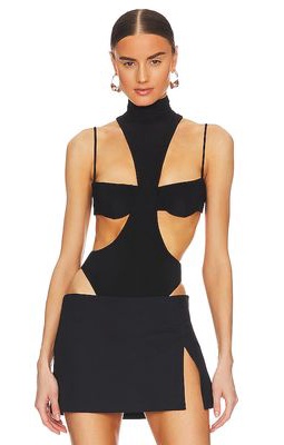 LaQuan Smith Mock Neck Cut Out Bodysuit in Black