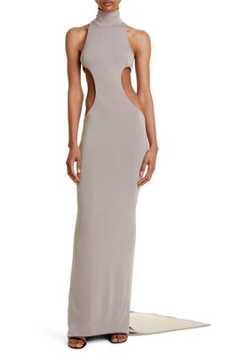 LaQuan Smith Mock Neck T-Bar Cutout Gown with Train in Stone