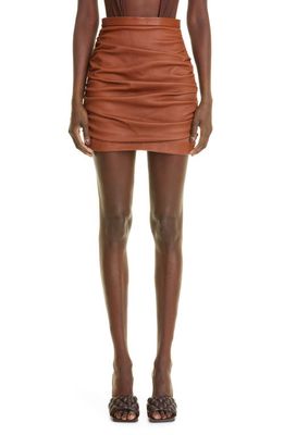 LaQuan Smith Ruched High Waist Lambskin Leather Miniskirt in Cognac