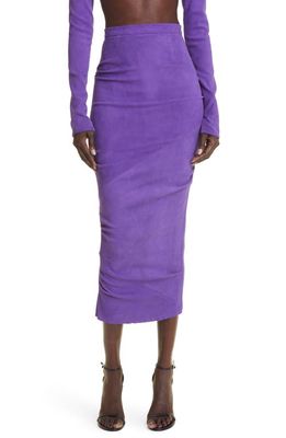 LaQuan Smith Ruched High Waist Suede Pencil Skirt in Grape