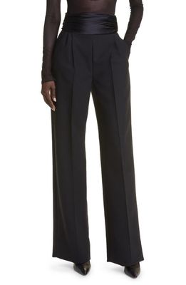 LaQuan Smith Satin High Waist Pleated Virgin Wool Trousers in Black