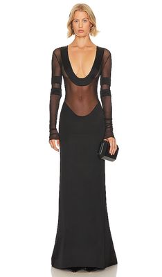 LaQuan Smith Scoop Neck Gown With Satin Trim in Black