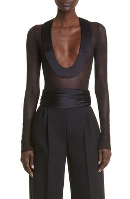 LaQuan Smith Semisheer Scoop Neck Long Sleeve Satin Trim Bodysuit in Black