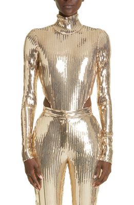LaQuan Smith Sequin Long Sleeve Bodysuit in Gold