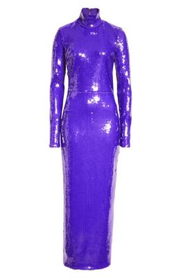 LaQuan Smith Sequin Mock Neck Long Sleeve Cutout Column Gown in Grape