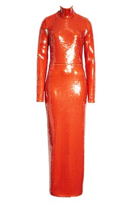 LaQuan Smith Sequin Mock Neck Long Sleeve Cutout Column Gown in Orange