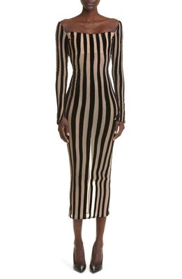 LaQuan Smith Stripe Semisheer Long Sleeve Midi Dress in Beige/Black
