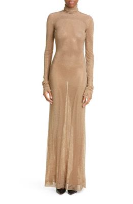LaQuan Smith Stud Long Sleeve Mock Neck Gown in Gold