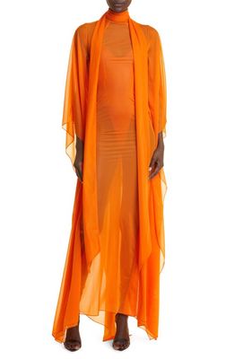 LaQuan Smith Sweeping Sheer Dolman Sleeve Gown in Florescent Orange