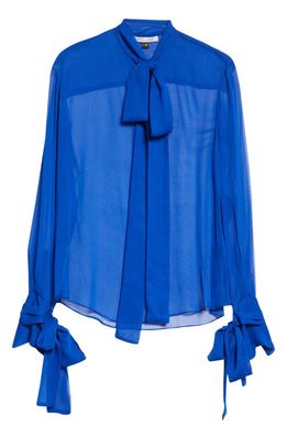 LaQuan Smith Tie Neck & Cuffs Sheer Chiffon Blouse in Royal